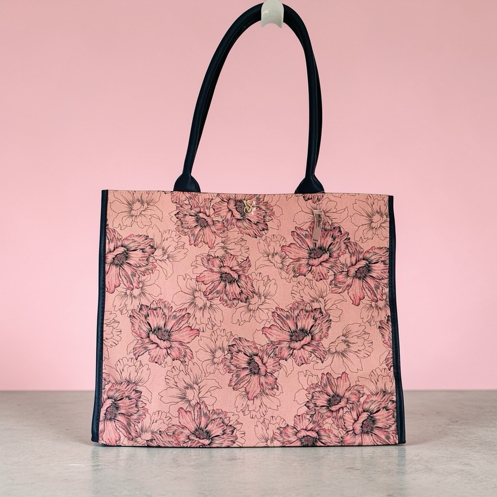 Victoria's Secret Tote Shoulder Bag 15x13" Pink Floral Canvas Summer Vacation